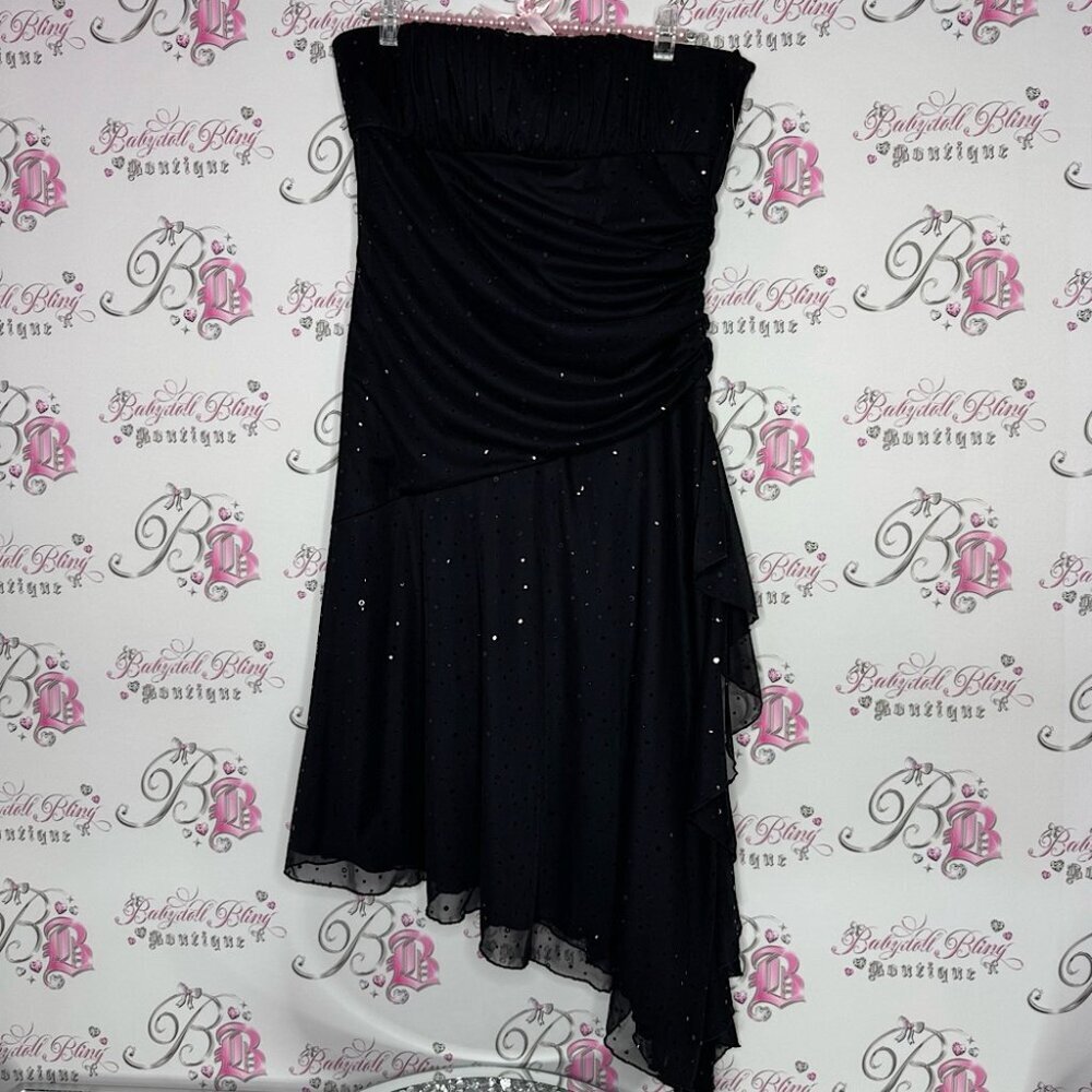 Jessica dress sparkly cinch sexy black shimmer y2k asymmetrical fairy 🧚 2000s